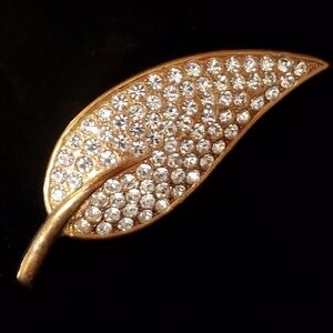 Vintage "Roman" Goldtone Leaf with Rhinestone Brooch Stamped